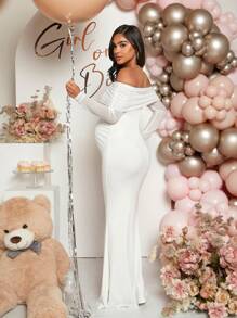 Loomaby Elegante vestido de fiesta de sirena con hombros descubiertos y drapeado para embarazadas para fiesta de baby shower