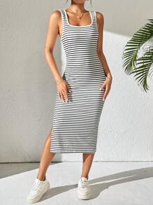 SHEIN Unity Abito smanicato estivo da donna a righe casual con blocco di colore, vestibilità slim con spacco laterale - Bianco e nero - Visualizzare 6