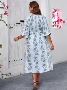 SHEIN VCAY Plus Size Vacation Sky-Blue Retro Printed Women's Summer Dress, Teacher Clothes - Multicolor - View 4