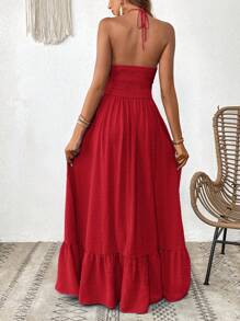 SHEIN VCAY Women's Solid Color Ruffle Trim Halter Neck Casual Vacation Summer Dress - Red - View 2