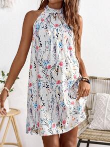 SHEIN 孕妇优雅花卉印花挂脖度假连衣裙 - 白色 - 查看 3