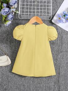 可爱女婴拼色格子蝴蝶结泡泡短袖圆领连衣裙，适合夏季、圣诞节 - 黃色 - 查看 2