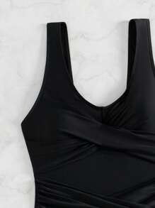 SHEIN Swim Summer Women's Solid Color Simple Style Daily One-Piece Swimsuit, Full Coverage Swim Wear Bathing Suit - Black - View 4