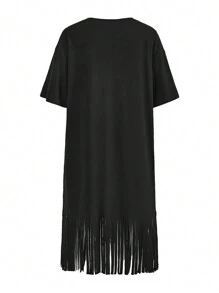Y2Kool Deniart Artist Dark Casual Loose-Fit Fringe Hem Women's Dress With Printed Round Neck, Summer Dress, Holiday, Party, Vacation Concert Outfit, Birthday Outfits, Beach, Festival, Rave Outfits Festival, Ibiza Fits, Western Wear Going Out Autumn Y2K Clothes Stylish Clothing Collection New Year Outfits