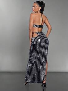 SHEIN Unity Cut Out Split Thigh Stripe Sequin Dress - Black - View 2