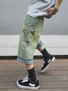 Manfinity Roghcode Men's Loose Fit Wide Leg Denim Capri Pants With Pockets - Blue - View 7