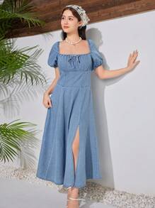 SHEIN Tween Girls Blue Denim Dress - Blue - View 6