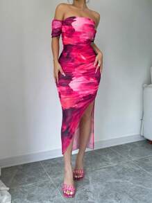 Selianne 女士优雅扎染印花露肩侧开衩连衣裙，夏季新年服装长款女装 - 玫瑰紅 - 查看 6