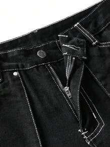 Manfinity Hypemode Men's Loose Straight-Leg Jeans With Contrast Stitching And 3D Cut, Black - Black - View 10