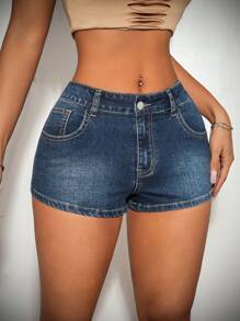 SHEIN ICON Women's 4th Of July Women Boho Sexy Embroidered Rhinestone Tight Blue Denim Shorts, Street Style Women's Denim Shorts With Frayed Glow Mode Star Shorts - Dark Wash - View 3