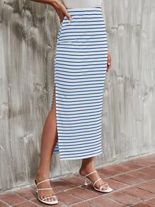 SHEIN Essnce Striped Printed Split Thigh Casual Skirt, Summer