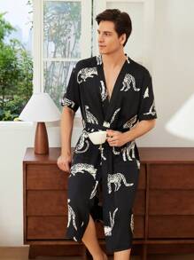 V-Neck Belted Blue Floral Printed Short Sleeve Loungewear Robe