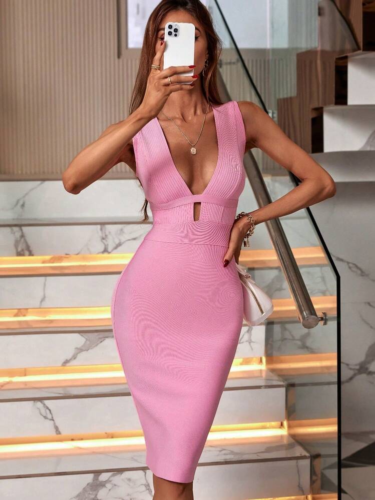 Abito elegante e sexy da donna in rosa, midi, con spalline, schiena scoperta, aderente, a fascia, per feste, cocktail ed eventi serali - Rosa - Visualizzare 1