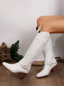 Kendall Jenner風格刺繡靴，2024歐美新款女士復古膝高牛仔靴，厚跟 - 白色 - 查看 4