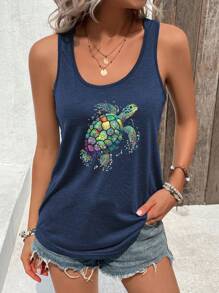 SHEIN LUNE Women's Colorful Turtle Pattern Casual Tank Top