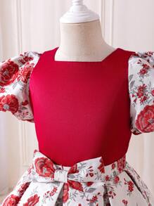 Young Girl Mommy And Me Matching Outfits Summer,7th Birthday Color Block Round Neck Top Textured Puff Sleeves Jacquard Pleated Skirt Set(2 Pcs Sold) - Red - View 8