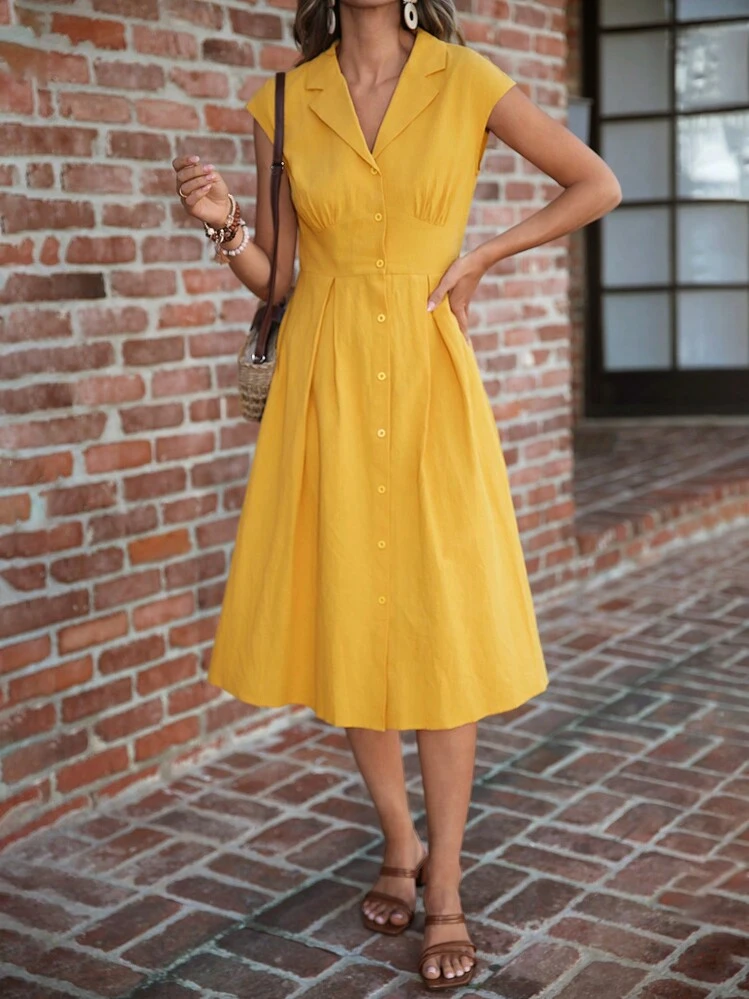 yellow button down dress Golden Cotton Poplin Fit and Flare Short Button-Down Shirt 26" / Custom Height (Free) Handmade short sleeved natural linen A Women's Deep V-neck Puff Sleeve