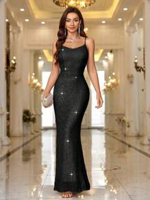 SHEIN Belle Vestido de noche elegante con lentejuelas para mujer, con tirantes finos ajustados, vestido de baile formal negro para bodas, fiestas de graduación, cenas - Negro - Ver 1