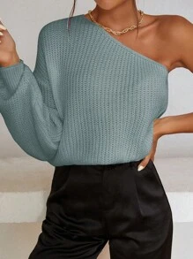 EURMUSE Women's Solid Color One Shoulder Long Sleeve Loose Pullover Sweater - Teal Blue - View 1