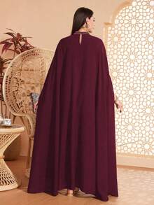 Women's Loose Casual Daily Wear Arabic Abaya, Small Stand Collar, Contrast Trim Detail, Embroidered Decor, Suitable For Various Occasions - Festivals, Casual, Daily, Soft & Skin-Friendly - Burgundy - View 2