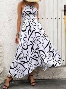 Breezaya Vestido negro y blanco sin mangas con estampado elegante para mujer para vacaciones (estampado aleatorio)