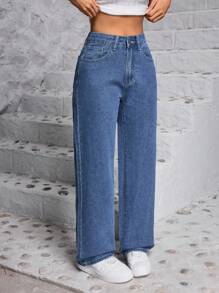 SHEIN EZwear 高腰直筒牛仔褲 - 中等水洗藍 - 查看 3