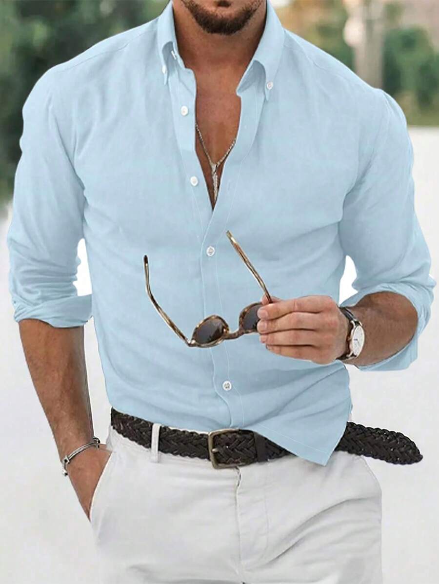 Men Solid Color Long Sleeve Casual Business Shirt, Summer, Fall - Baby Blue - View 1