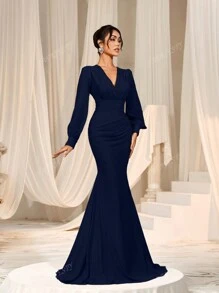 Faeriesty Elegant Cross-Over V-Neck Lantern Sleeve Mermaid Hem Dress - Sophisticated Timeless Design For Spring/Summer Weddings, Galas, Red Carpet Bridesmaid Dress