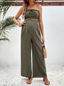 SHEIN Pregnant Women's Solid Color Ruffled Strapless Top And Elastic High-Waisted Long Pants, Summer Casual 2pcs/Set For Maternity