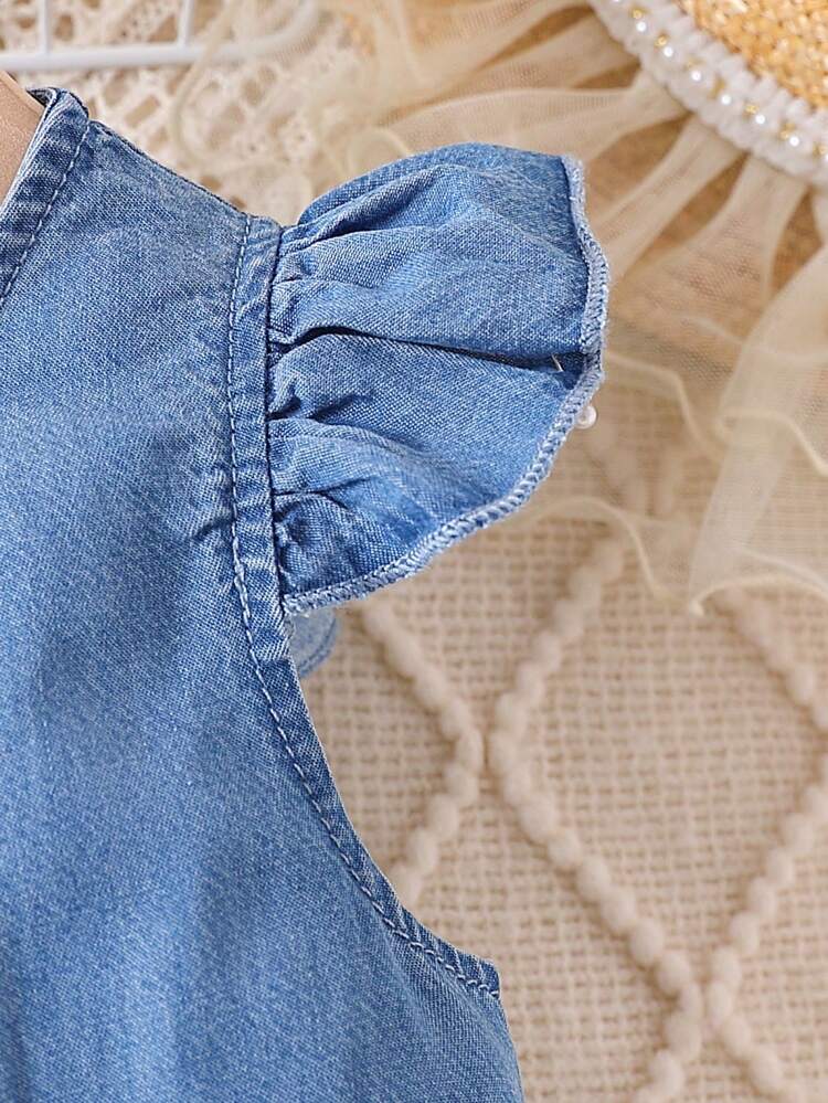 Cartoon Princess Printed Skirt Hem Furry Ruffle Denim Dress With Flutter Sleeves For Baby Girls