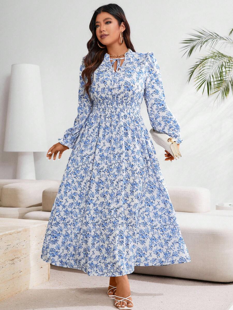 SHEIN Clasi Plus Size Women's Casual Printed Simple Daily Dress (Random Pattern) Maxi Women Outfit - Blue - View 1