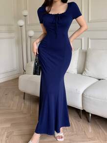 Feyla 女士夏季純色荷葉邊系帶短袖修身長裙，並帶有魚尾設計