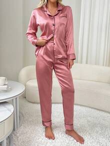Conjunto de pijama de manga larga con pantalones de mujer con ribete de contraste de color - Rosa vieja - Ver 5