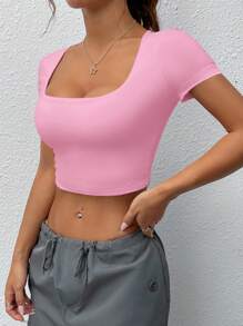 SHEIN EZwear Camiseta rosa básica sin costuras con escote cuadrado y mangas cortas para mujer en verano