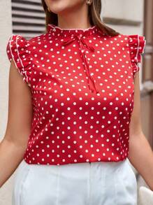 SHEIN Clasi Blusa de verano elegante con cuello alto, manga corta y volantes con estampado de lunares para mujer de talla grande - Rojo y blanco - Ver 1