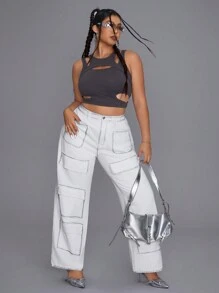 Quần denim có nhiều túi màu thông thường cỡ lớn - trắng - Xem 5