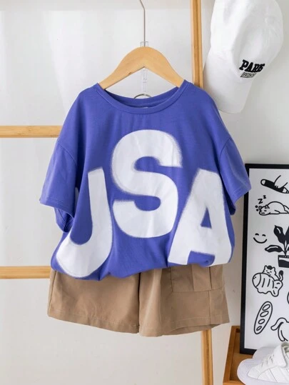 年輕男孩2入組短袖圓領T恤和短褲套裝，舒適百搭，適用於夏季