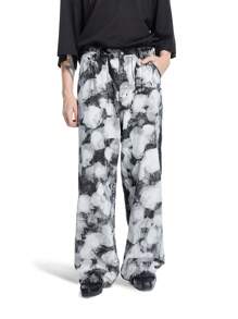 Manfinity Roghcode 男士黑色不对称扎染云朵图案阔腿宽松牛仔裤 - 黑與白 - 查看 4