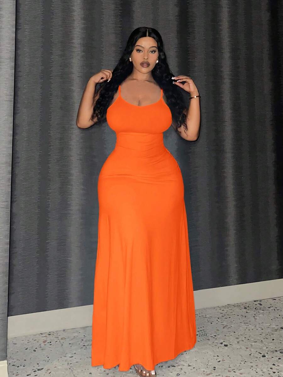 Slaydiva Plus Size Mùa Hè Màu Trơn Cao Cấp Váy Dây Siêu Dài - trái cam - Xem 1