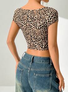 SHEIN EZwear 女士夏季短袖豹紋方領修身T恤 - 彩色 - 查看 2
