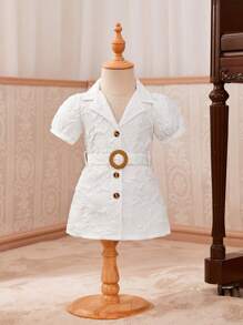 SHEIN Đứa bé gái Dệt hoa Ống tay áo Thắt lưng Váy sơ mi - trắng - Xem 7