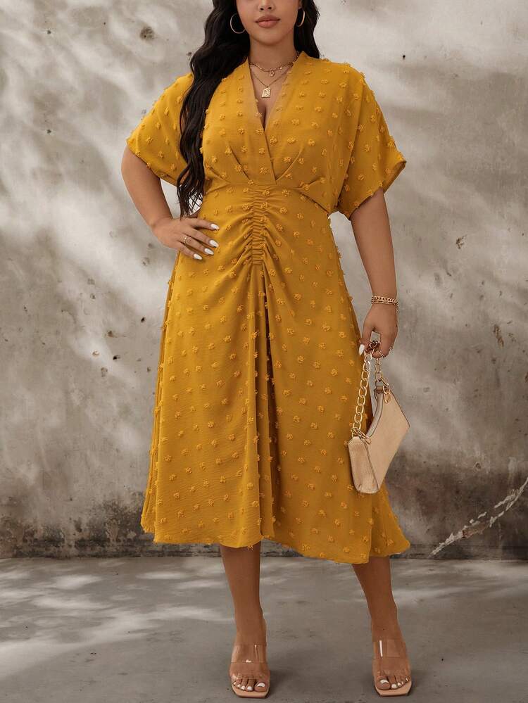 Solid Color V-Neck Pleated Short Sleeve Dress