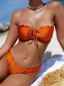 SHEIN Swim Women's Summer Beach Solid Color Bandeau Sexy Bikini Set Bathing Suit - Rust Brown - View 4