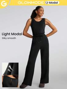 GLOWMODE SoftSerene Modal Open-Back Adjustable Drawstring Pocket Jumpsuit Daily Casual Lounge - Black - View 8