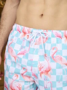 Manfinity Shorts de playa holgados para hombre con estampado de flamencos y cintura con cordón