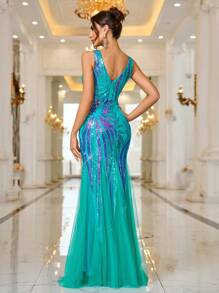 Đầm dạ hội nữ thời trang lấp lánh dáng đuôi cá bằng vải lưới, thiết kế thắt eo, thanh lịch, thích hợp cho tiệc prom, đám cưới, lễ tốt nghiệp, tiệc tối mùa xuân. - Màu xanh lam - Xem 3