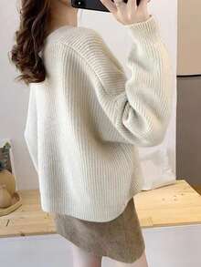 Classic Minimalist V-Neck Single-Breasted Drop Shoulder Long-Sleeved Cardigan, Versatile,Long Sleeve Tops - Beige - View 5