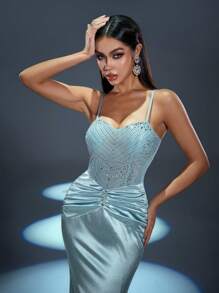 Faeriesty Rhinestone Detail Mermaid Hem Cami Party Dress - Baby Blue - View 5