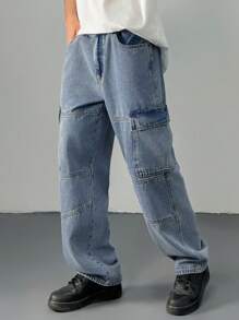 DAZY Men's Casual Washed Straight Leg Cargo Jeans - Blue - View 9