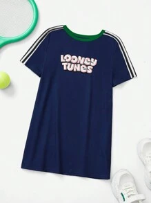 LOONEY TUNES X SHEIN 少女休閒卡通印花校風膠帶連身裙，夏季 - 藏蓝色 - 查看 4